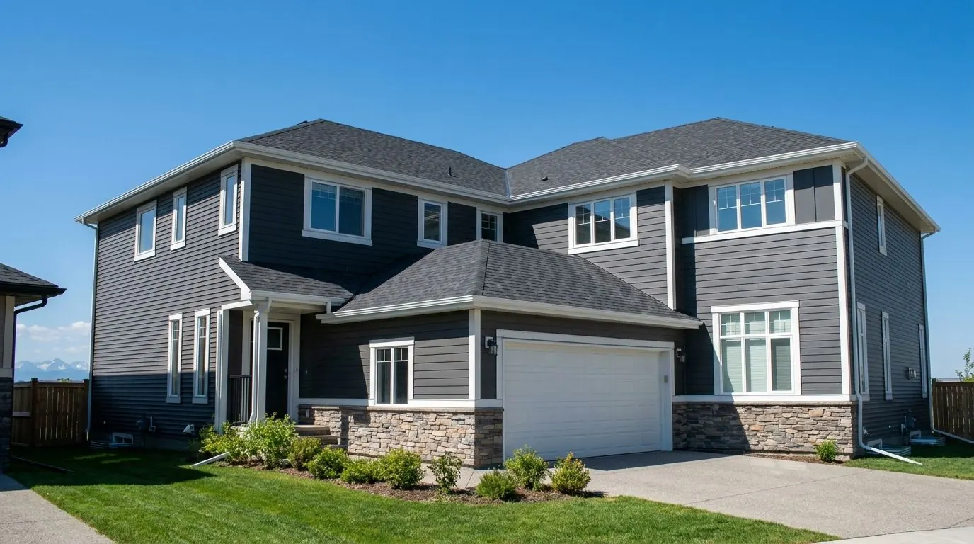 A two-storey suburban home with charcoal grey horizontal lap siding, white window and corner trim and a stone base beside the front garage, under a clear blue sky.